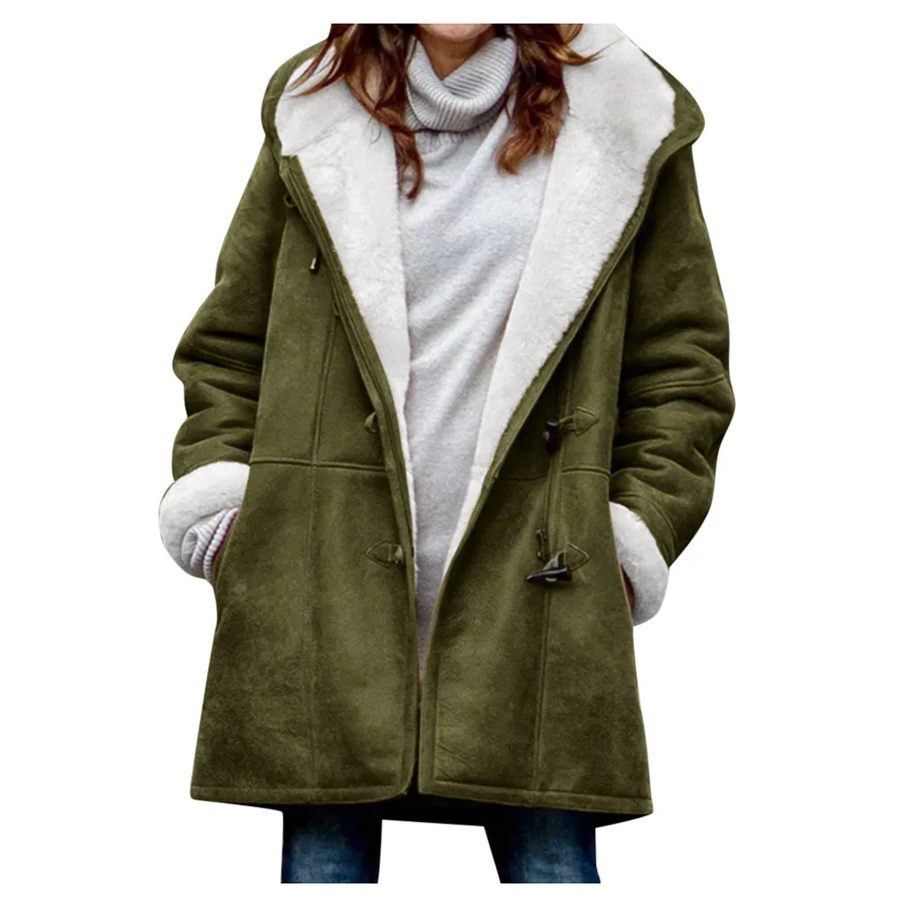 

Women Plus Size Warm Coats Autumn Winter Solid Loose hoody Jacket Long Sleeve Horn Buckle Pocket Overcoat ropa de mujer