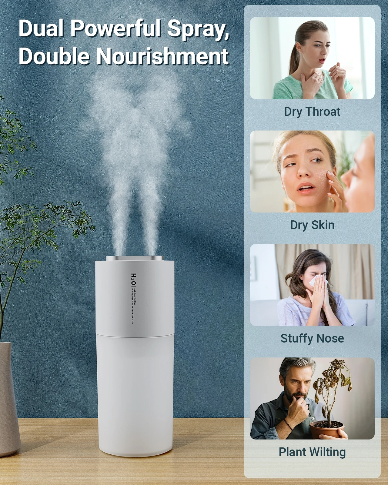 Hipacool Rechargeanle 400ML 가습기 이중 스프레이 포트 미스트 공기 디퓨저 (자동차, 가정, 사무실용 LED 조명 포함) 쿨 미스트 메이커