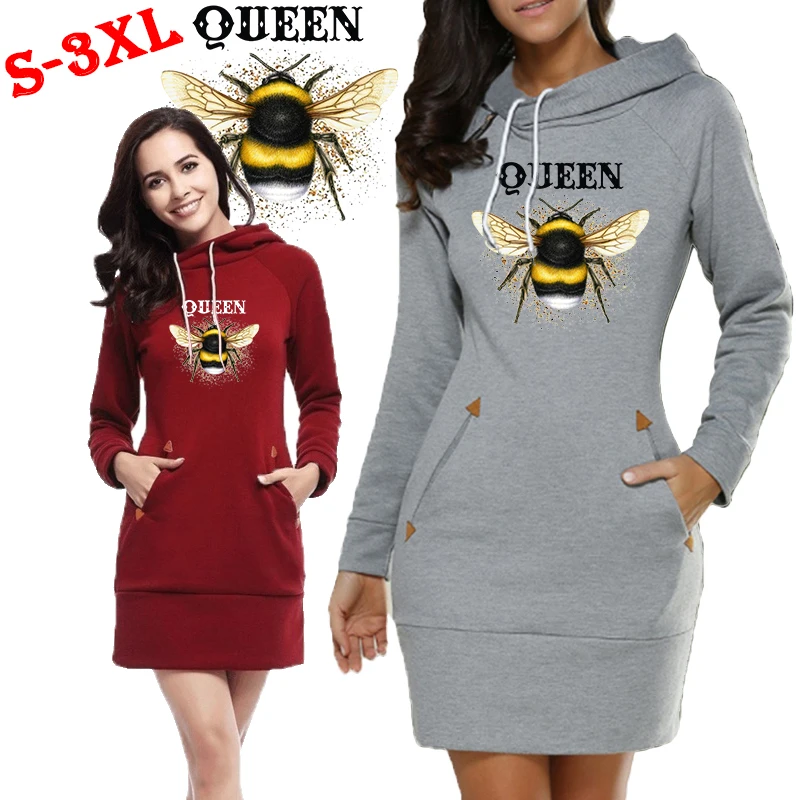 

New Women's Hooded Long sleeved Dress Bee Print Long sleeved Slim Fit Hooded Dress Hooded Pullover Pocket Sweater Dress