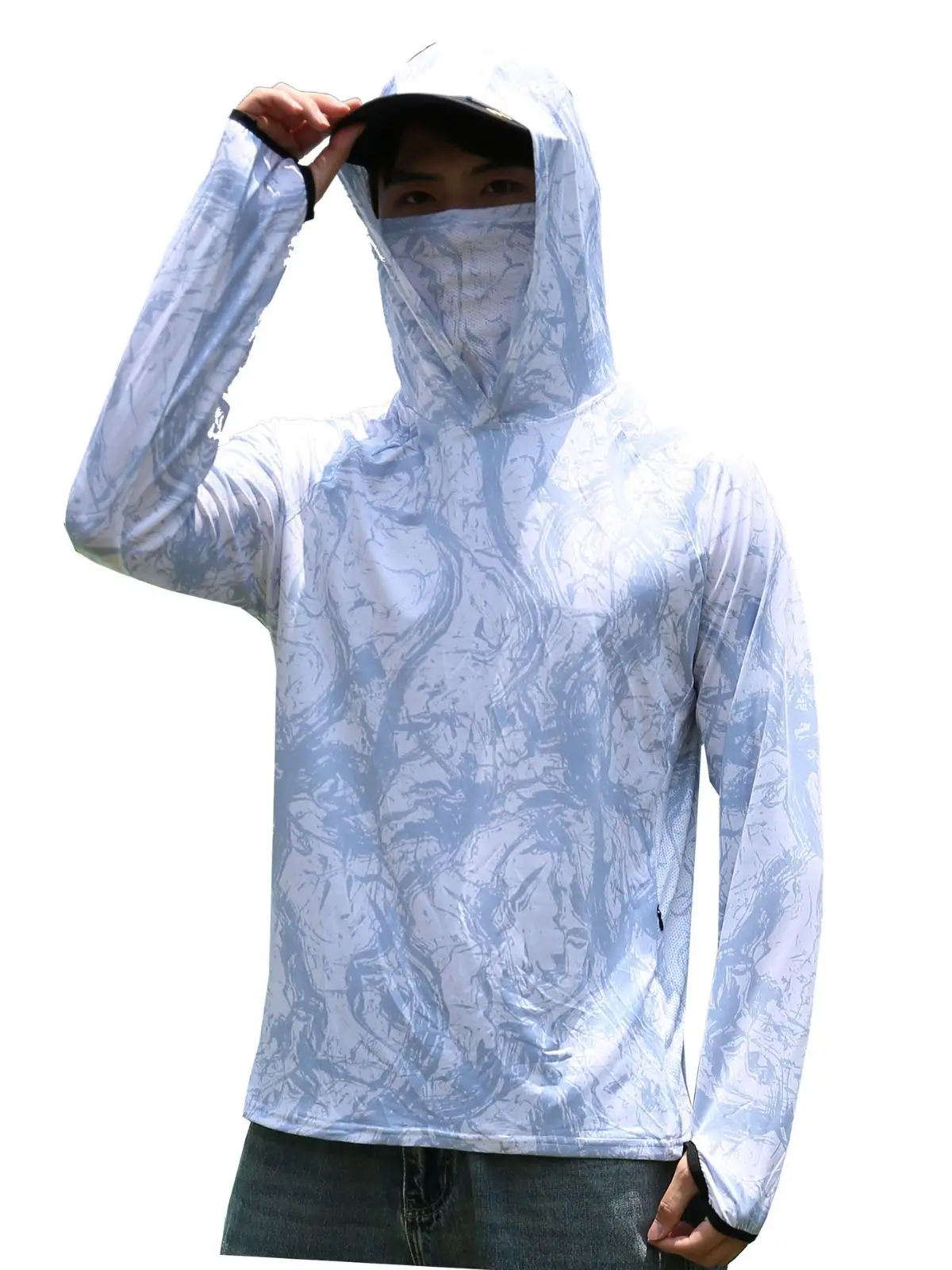 Hooded Summer Fishing Shirt with Face Mask Fashion Ice Silk Sun Protection Fishing Clothes Quick Dry Men's Outdoor Shirt