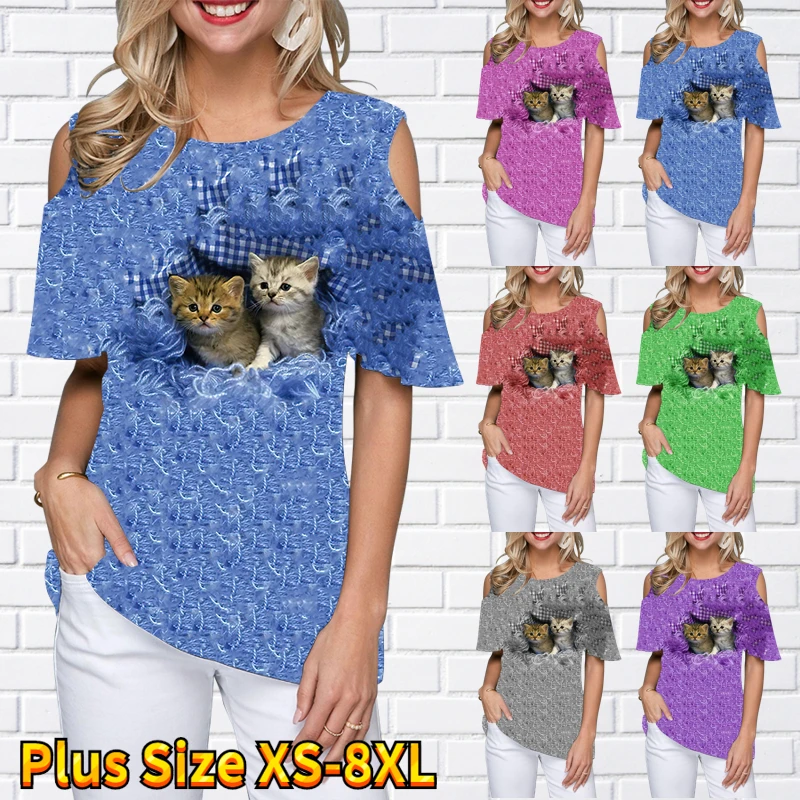

Women's Tops Summer Daily Street Round Collar Loose Cat Printed T-shirt Fashion Casual Trend Short Sleeve Off-the-shoulder Tee