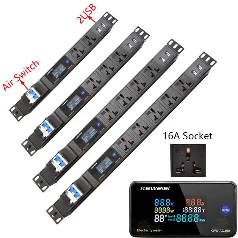 

16A Power Strip For Network Cabinet Power Distribution Unit 2-10 Ways Universal Socket Digital voltage measuring instrument