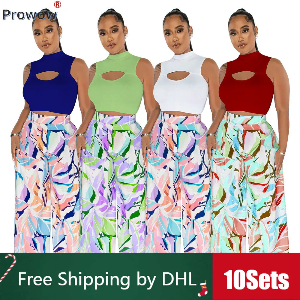 

10 Sets Bulk Casual Sleeveless Tracksuit Summer 2 Piece Sets Womens Outfits Hole Crop Top Printing Wide Leg Pants Wholesale 9800