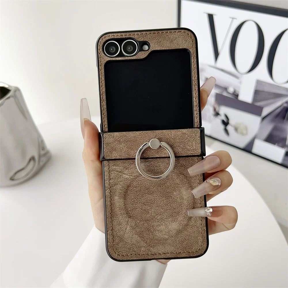 Enhanced Magnetic Leather Case with Finger Ring Holder and Hinge Protection for Samsung Galaxy Z Flip Series