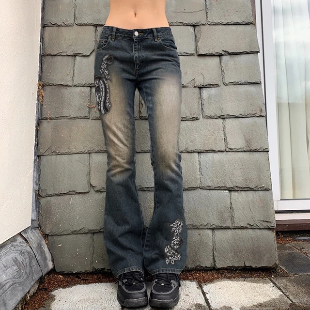 Cyber Y2k Low Waist Jeans, Black Jeans Skeleton