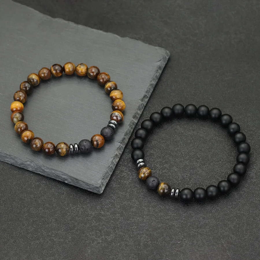 Hematite Beaded Meditation Bracelet for Men with Lava and Obsidian Stones