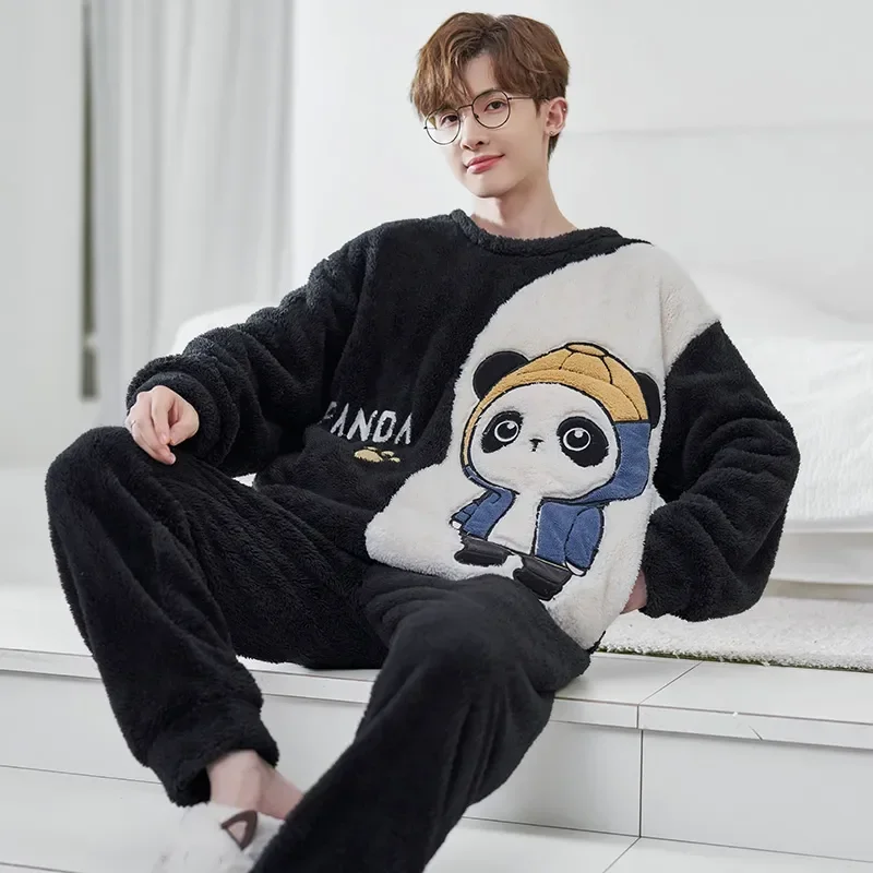 

for Flannel Clothes Sleepwear Thickening Cute Velvet Pattern Pullover Boys Home for Winter Pajamas Cartoon Men Set Man's Pijamas