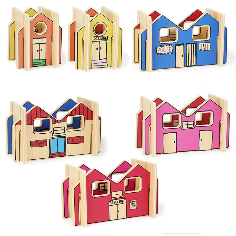 Waldorf Houses Game Wooden Village Construction Town Building Blocks 3D Architectural Puzzle Set For Kids