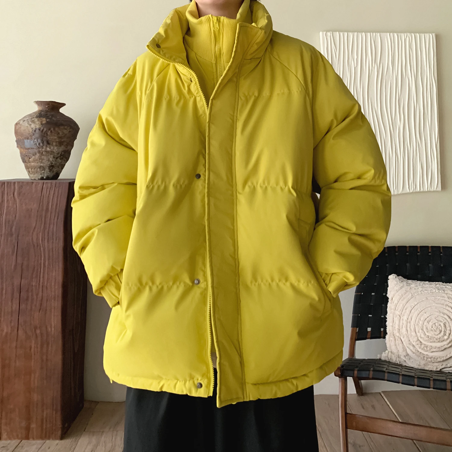 2023 Autumn Winter Men Fashion Solid Color Bright Cotton Clothes Fashion Fake Two Piece Hooded Padded Casual Loose Wadded Jacket