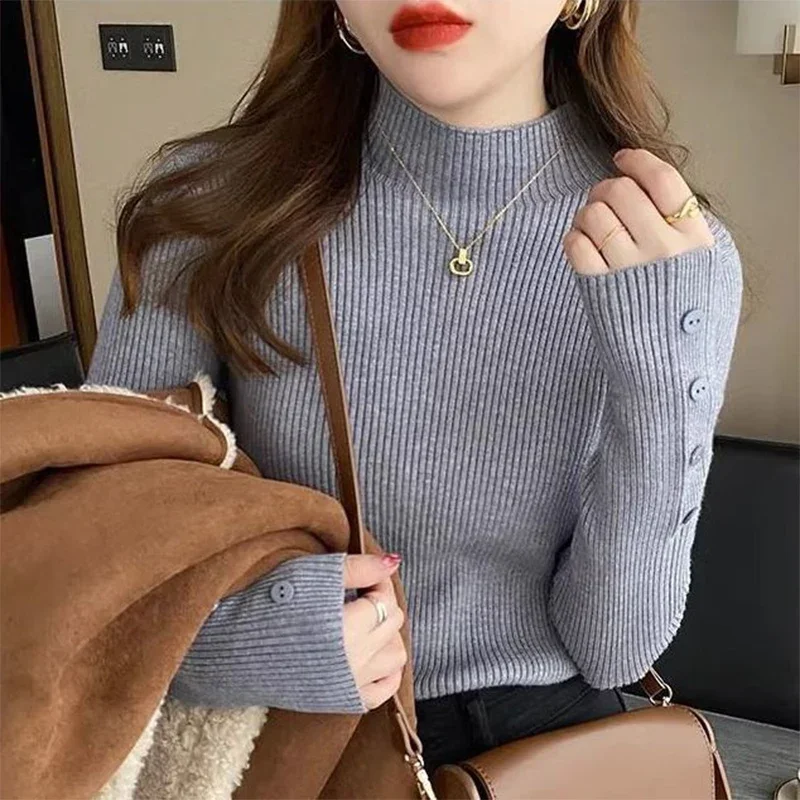 

Autumn Winter Half High Collar Solid Color Bottoming Sweater Women Slim Casual Fashion All-match Knitting Top Female Jumpers