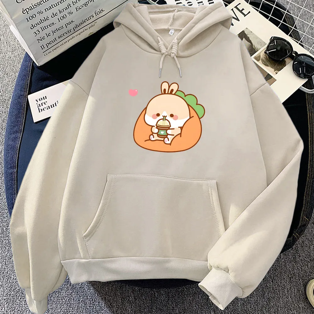 Rabbit Drinking Milk Tea Printed Hoodies Sudaderas Women/Men Clothes Moletom Winter Cartoon Graphic Print Sweatshirt with Pocket