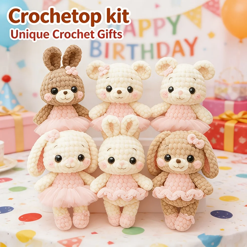 6pcs Adorable Pet Crochet Material Kit DIY Ballet Rabbit and Bear Kit, suitable for beginners to get started, Easter gift