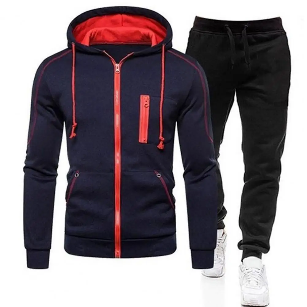 

Zipper Front Sports Suit Stylish Men's 2pcs Autumn Winter Sportswear Hooded Sweatshirt Coat Jogger Pants Set with Zipper Placket