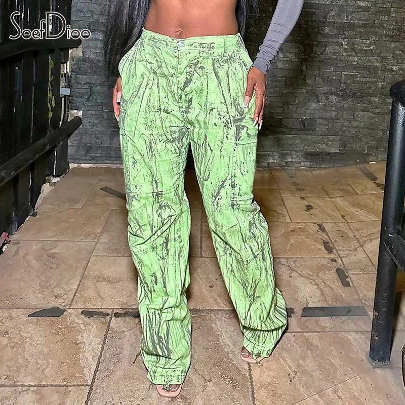 

Soefdioo Tie Dye Print Low Waist Zipper Fly Wide Leg Cargo Pants Women Fall 2023 Fashion Casual Y2K Streetwear Straight Trousers