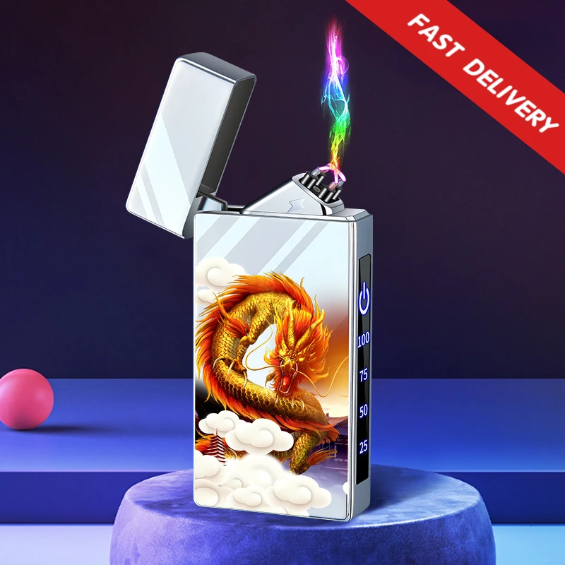 

2024 Metal Electric Lighter Touch Sensing Windproof Double Arc Flameless Plasma USB Rechargeable Digital Power Display Men Gifts