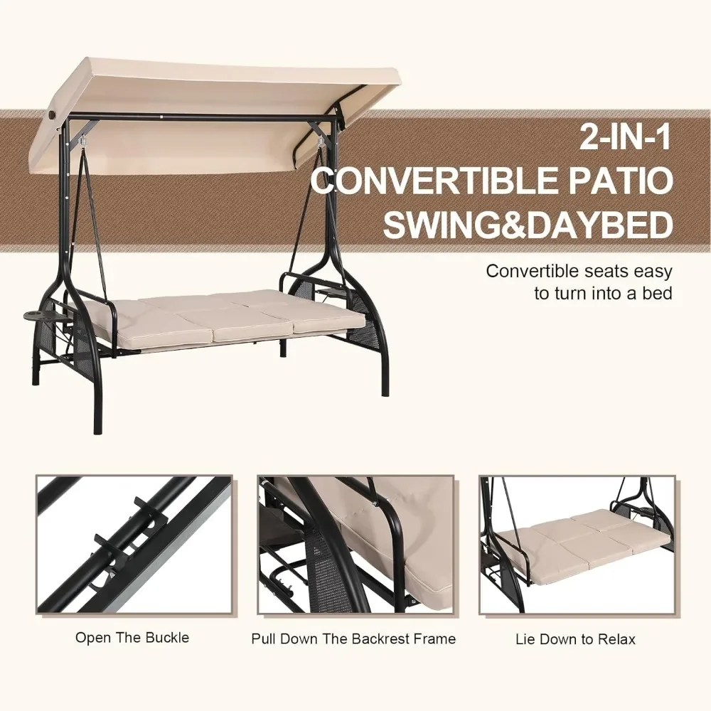 3-Seat Outdoor Porch Swing, Adjustable Canopy Patio Hammock Glider Chair Lounge Chair for Porch, Backyard with Stand
