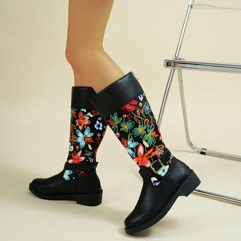 2023 New Women Embroidery Flowers Knee High Boots Women Ethnic Retro Chunky Heel Large Size Knight Boots