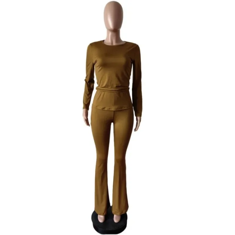 Women Solid Yoga 3 Piece Set Headband + O-neck Full Sleeve Crop Tops + Lapel High Waist Flare Pants Slim Fitness Workout Suits 6