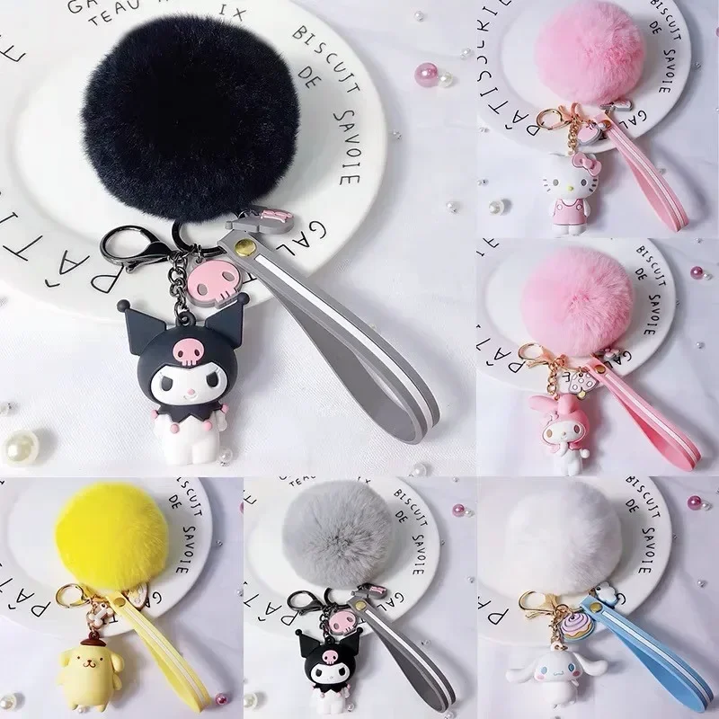Hello Kitty Sanrio Kuromi Penguin Frog Dog Cat Cute Keychains with Fluffy Rabbit Fur Ball Women Girl Bag Pendant Keyring Gifts 4