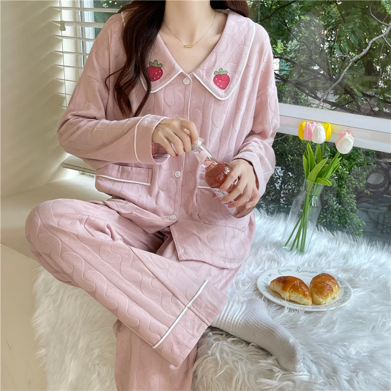 Autumn new pajamas women's milk silk jacquard lapel open chest casual sweet can be worn outside the home clothes 2-piece set