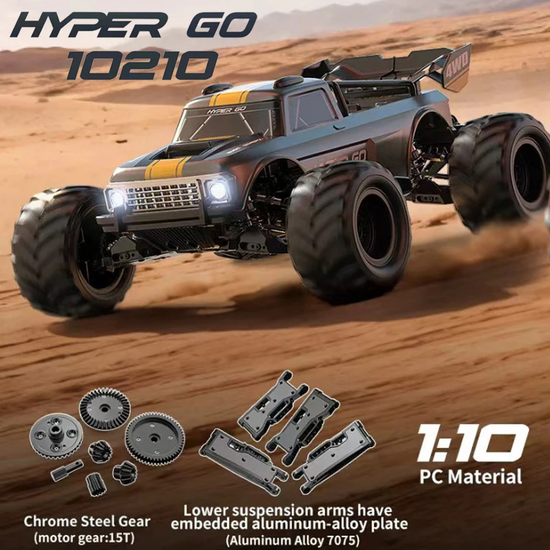 Vue rapprochée du Crawler Buggy RC 1/10 4WD Brushless 10210, pneus crantés et carrosserie rouge.