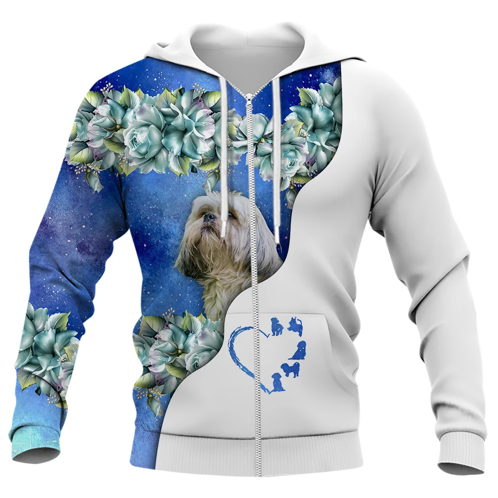 

HX Shih Tzu Dog Zip Hoodies 3D Graphic Floral Animals Printed Sweatshirts Fashion Casual Streetwear Harajuku Tops