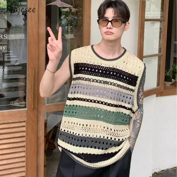 남성 하라주쿠 스웨터 조끼, 심플한 인기 패션, 할로우 아웃, 올 매치 스트리트웨어, 일본 스타일 스트라이프 니트웨어, 힙합, 여름