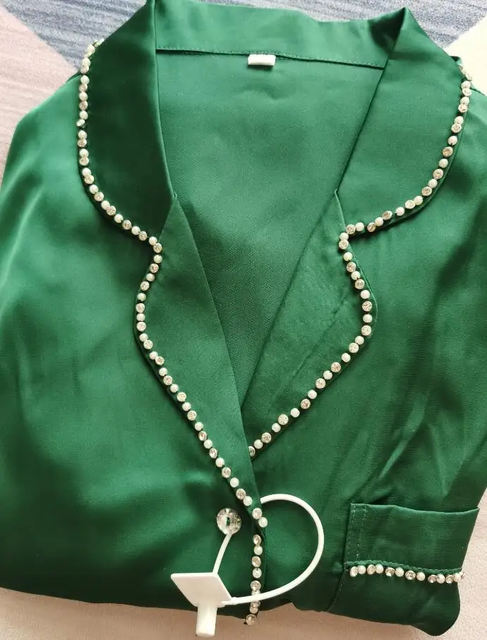 Women's Silk-encrusted Diamond-trimmed Long-sleeved Long Pants Pajama Set Wear Home Suit Silk Pajamas Sexy Pajamas