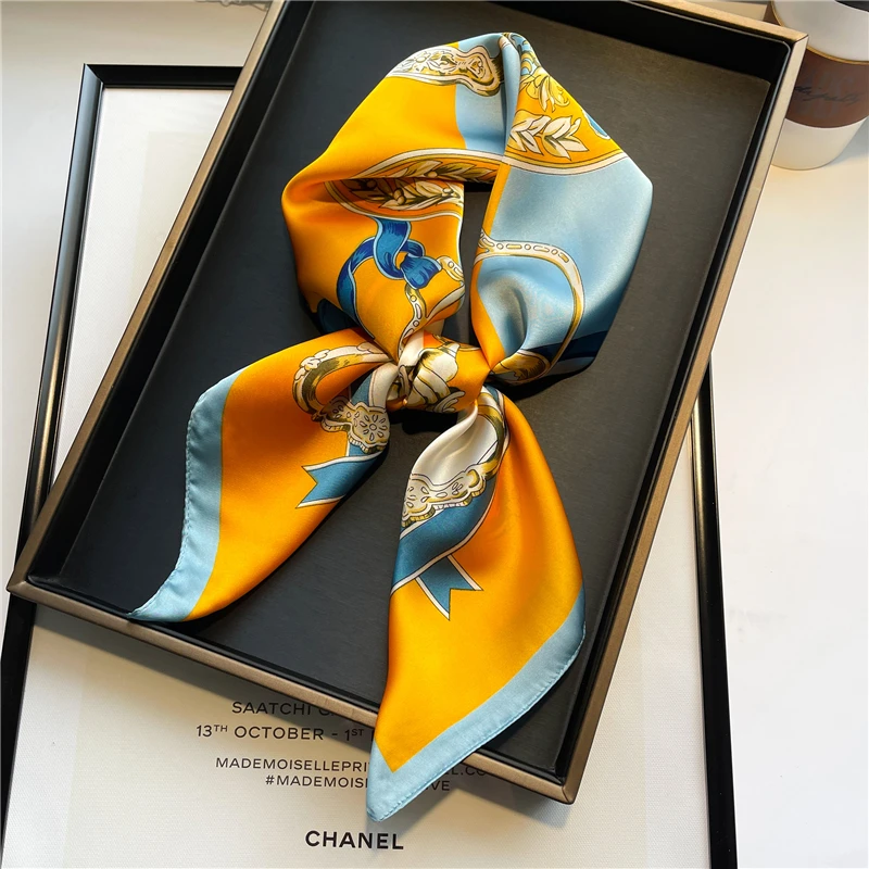 Plaid Silk Square Scarf Women Satin Shawl Wrap Hijab Female Hair Band  Wrist Luxury Headkerchief 70*70cm Echarpe 2022 Bandana