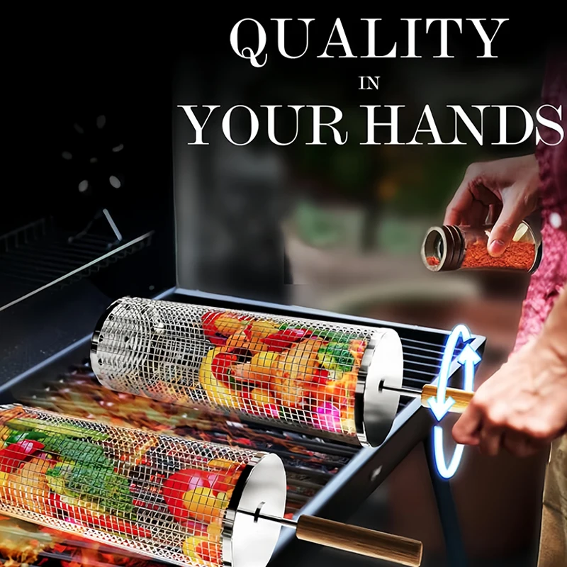 손잡이가 있는 롤링 그릴 바구니, 스테인레스 스틸 라운드 그릴 바구니, 바베큐 야외 피크닉 야채 새우 치킨 고기