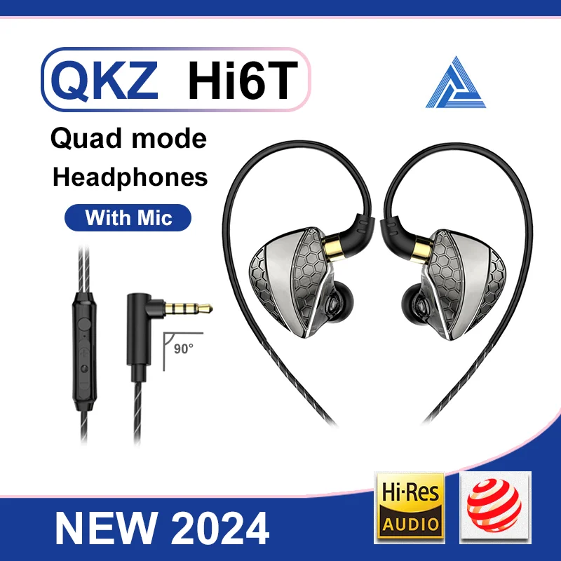 Проводные наушники QKZ Hi6T 3,5 мм, hi-fi наушники-вкладыши с углом 90 ° и микрофоном, музыкальные наушники с сабвуфером для спорта, бега, учебы, йоги, верховой езды