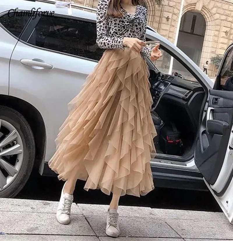 Chamliforve Women Tulle Mesh Skirt Elegant Elastic Waist Fairy Long A-line Tutu Skirt for Spring Summer long skirt