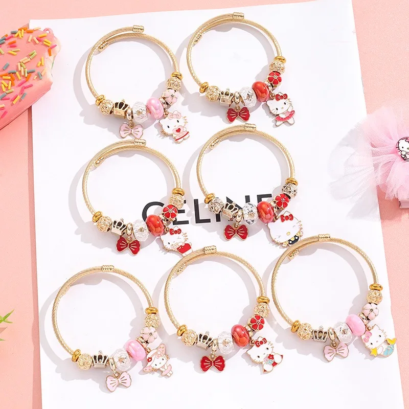 

Kawaii Sanrio Bracelets Anime Hello Kitty Fit Pan Charms Beads Fashion Silver Rhinestone Bracelets Women's Gifts Bracelet