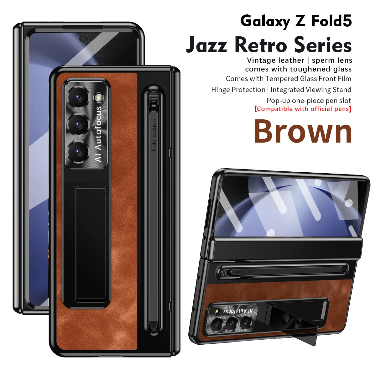 Leather Z Fold 5 Case For Samsung Galaxy Z Fold 4 5 With S Pen Screen Protector Hinge Folding Bracket Pen Slot For Fold5 Fold4