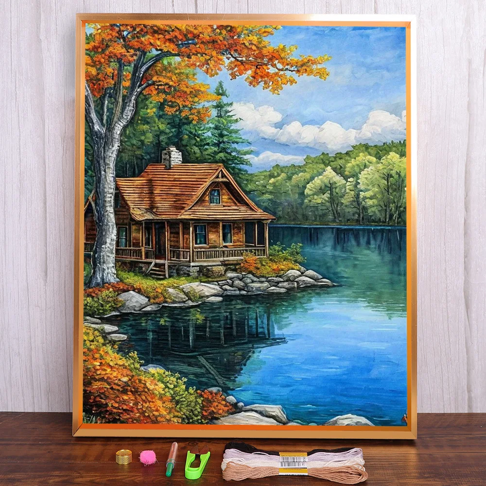 Landschaftshaus am See, vorgedrucktes 11-Karat-Kreuzstich-Set, DIY-Stickerei, Nähen, Handarbeiten, Hobby, handgefertigt, gezählte Nadel, gestempelt