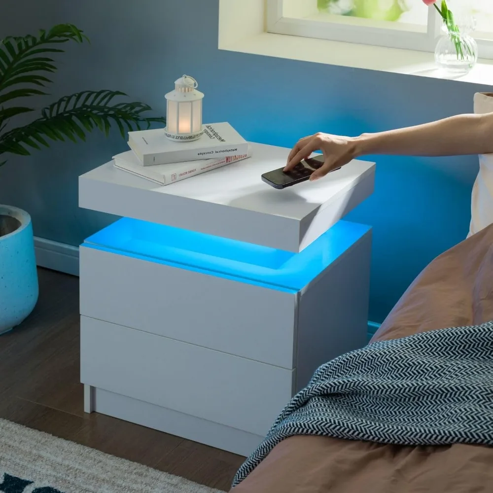 Nightstand Set of 2 LED Nightstand with 2 Drawers, Bedside Table with Drawers for Bedroom Furniture 6