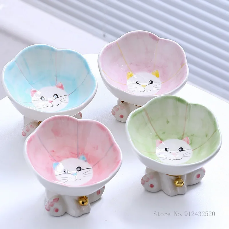 

1pc Ceramic Cute Flowers Cat Dog Bowl Large Diameter High-Foot Protection Cervical Spine Food Basin Drinking Bowl Pet Products