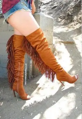 

Fall Women Brown Suede Peep Toe Tassel Fringe Back Stiletto Heels Over The Knee Boots Hidden Zipper Thigh Long Botas Shoes Lady