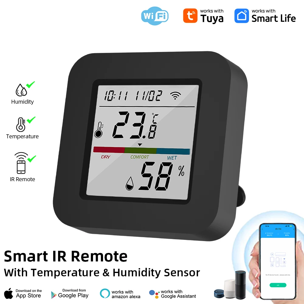 Tuya Smart Universial IR Remote Control with Temperature Humidity Sensor for TV /Air Conditioner Work with Alexa Google smart ir remote control