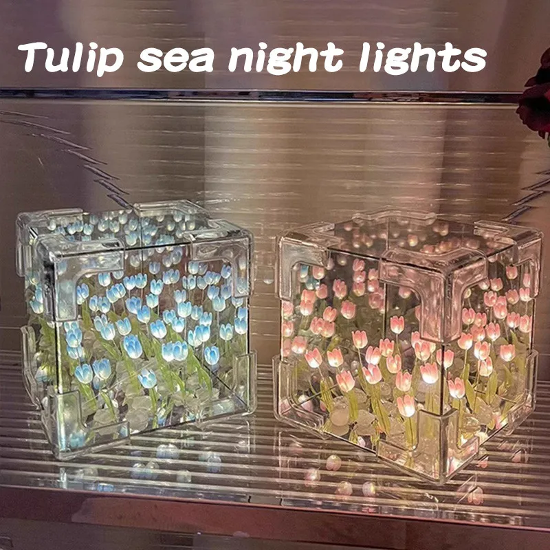 Romantic Tulip Mirror LED Night Light DIY Pink Blue Purple Atmosphere Light Acrylic Square Shape for Home Bedroom Party Decor 5