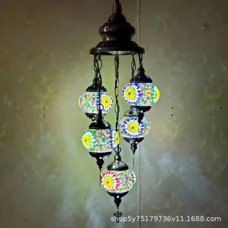 

Vintage Turkish Chandeliers E27 Colorful Handmade Glass Lampshade Industrial Suspension 1/7 Heads Chandelier for the Living Room