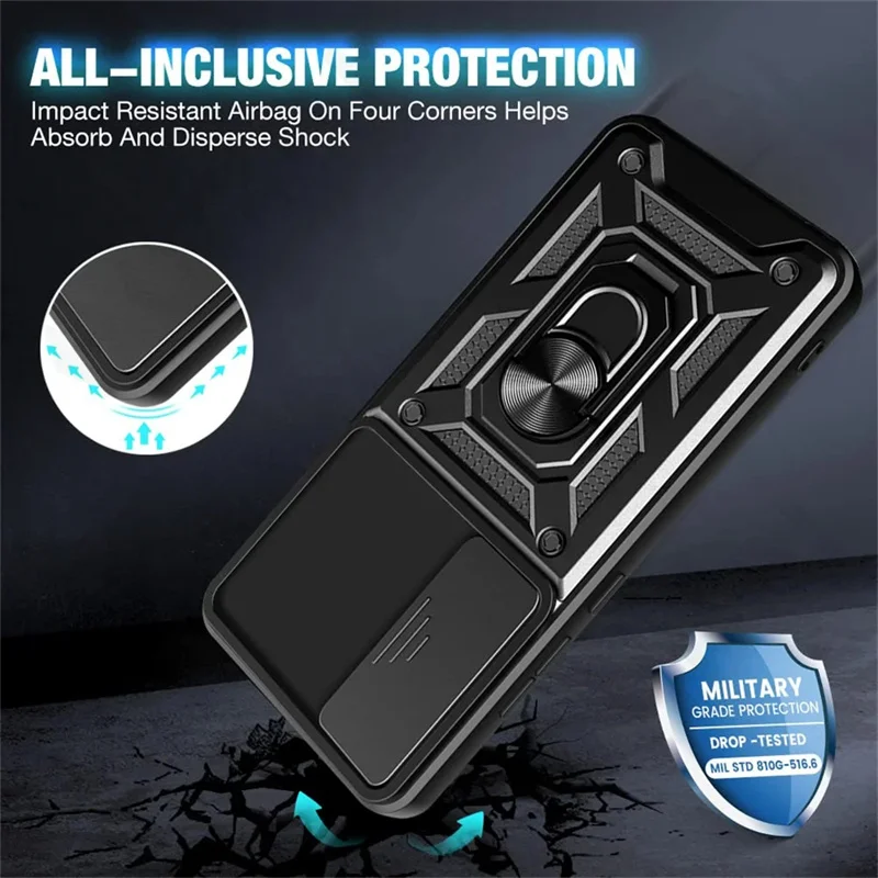 Armor Shockproof Phone Case with Magnetic 360-Degree Ring Holder and Slide Lens Cover