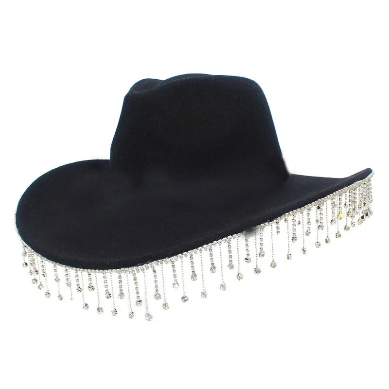 

FOLIUM PHOTINIA Cowboy Party Hat Wide Brim Felt Jazz Rock Rhinestone Tassel Bowler Court Solid Black