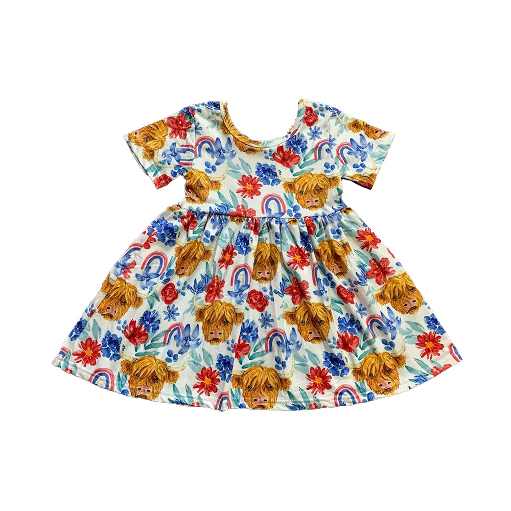 

Floral Cow Print Knee Length Dress Summer Boutique Girls Kids Clothes Wholesale