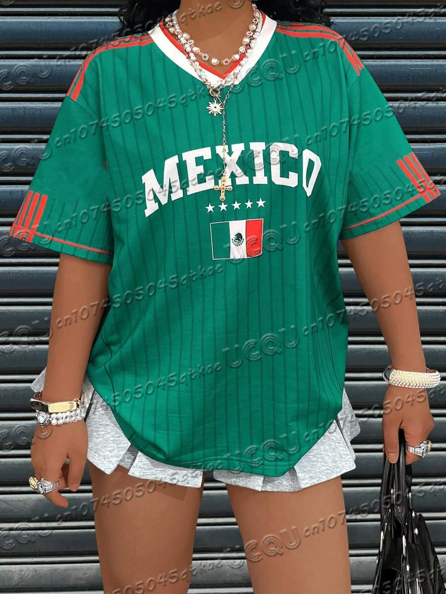 Women'S Mexican Digital Printed Football Jersey T-Shirt V-Neck Loose Quick Drying Short Sleeved Sportswear Casual Clothing Top 2