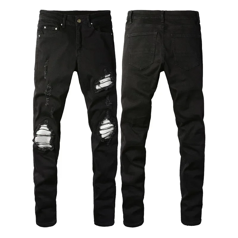 

2024 New High Street Trendy Black Perforated Men's Jeans Silver Leather Knee Patch Slim Fit Ripped Distressed Jeans pants men