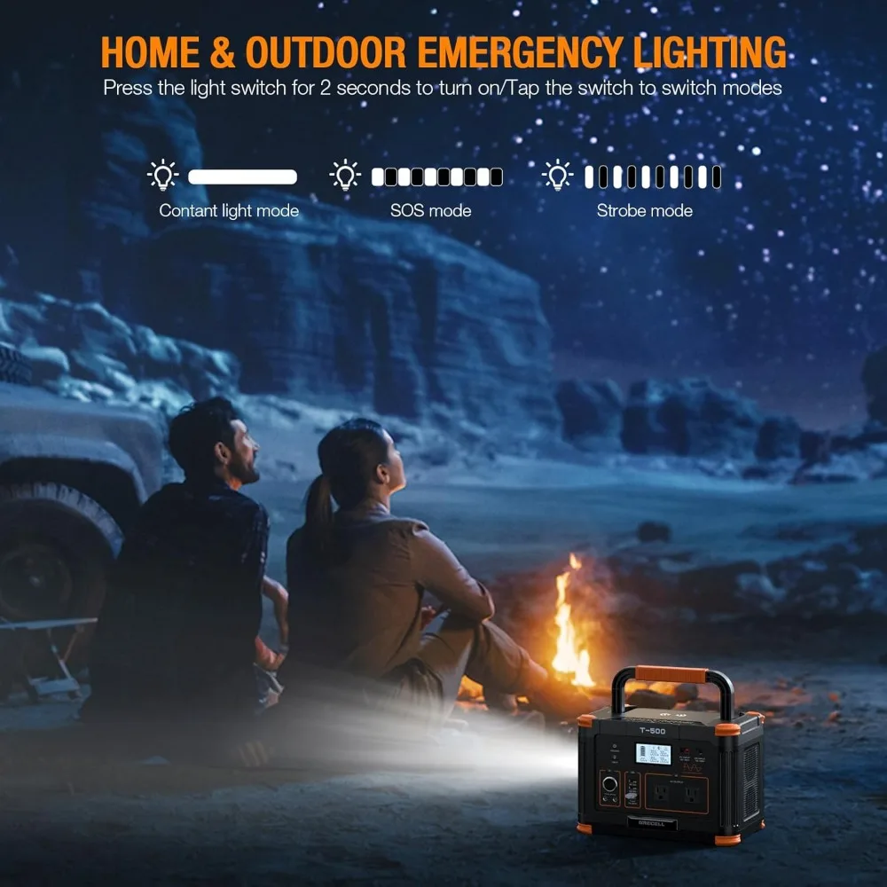 Portable Power Station 500W(Peak 1000W), 519Wh Outdoor Solar Generator Backup Battery Pack with 2 110V AC Outlets, 6