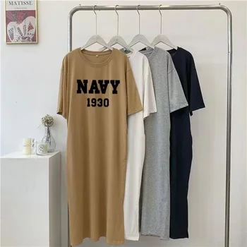 Abito estivo semplice casual coreano con stampa di lettere oversize ampio girocollo a maniche corte per donna 1