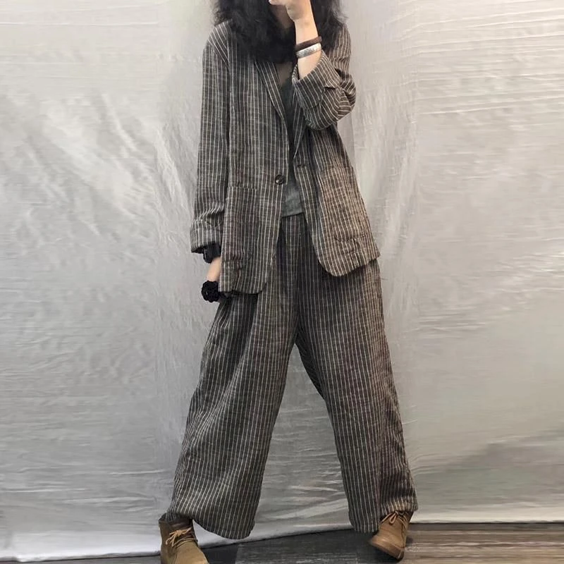 skirt suit set 2021 Spring Autumn Women Suit Large Size Casual Suits Fashion Art Retro Loose 2 Piece Set Women Suit Blazer and Pants Linen Set white pant suit