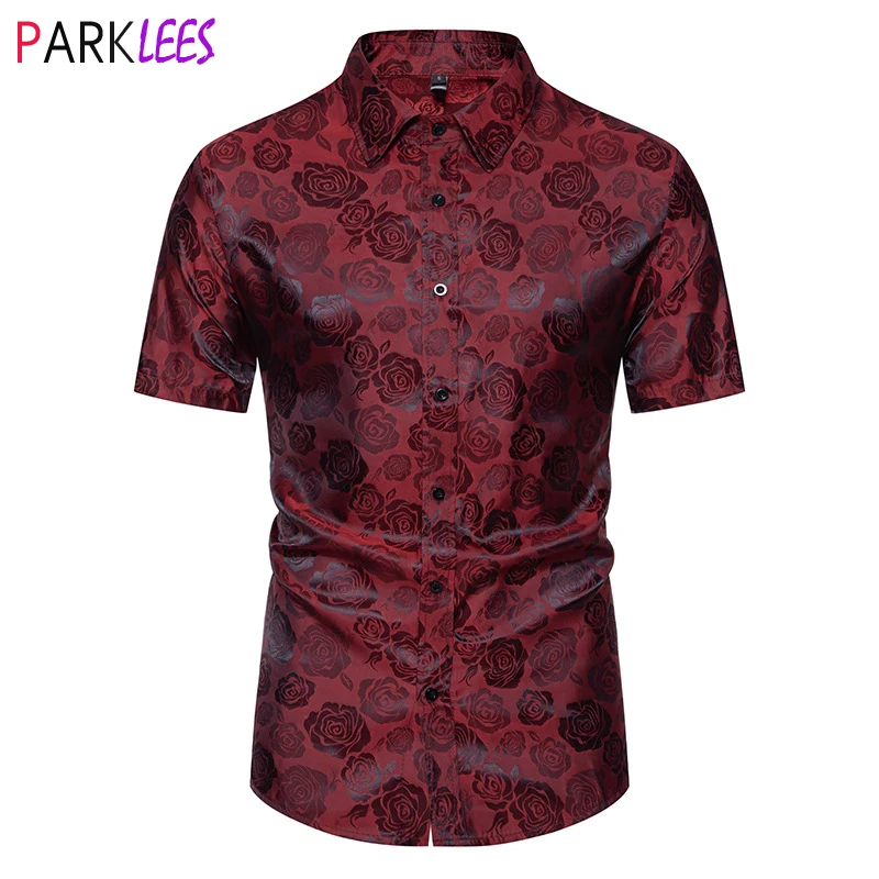 

Rose Jacquard Mens Dress Shirts 2024 Summer New Short Sleeve Shirt for Men Casual Party Social Shirt Male Chemise Homme XXL